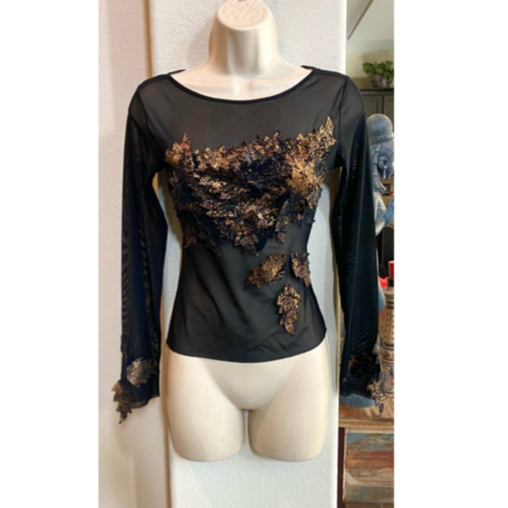 Mint Celo sheer black top with 3D gold leaves on the front and sleeves. …